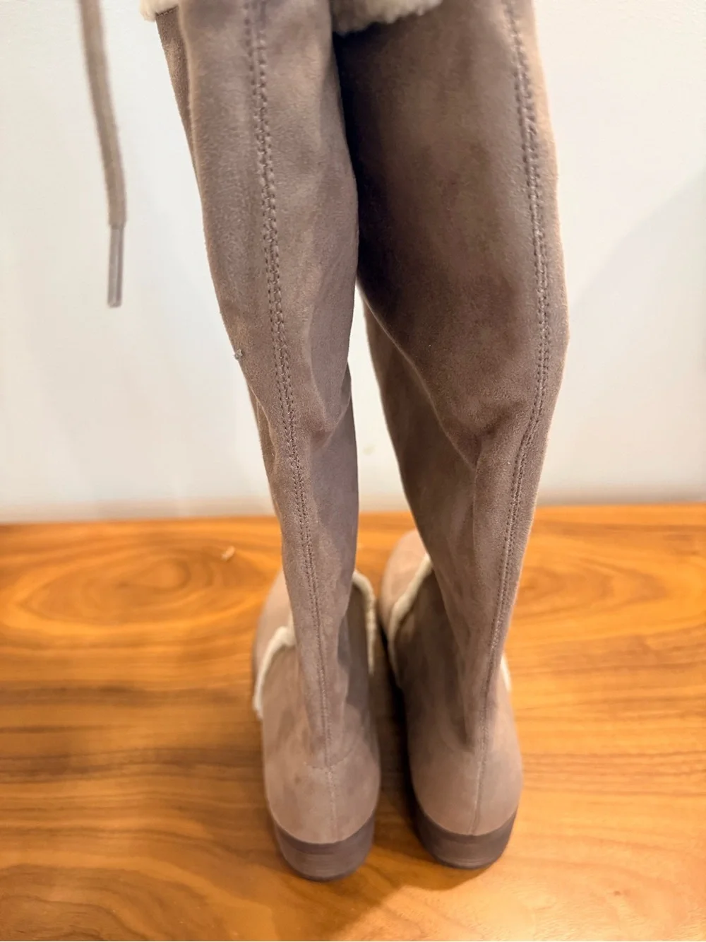 Charles David Taupe Over-the-Knee Faux-Suede Boots with Shearling Trim